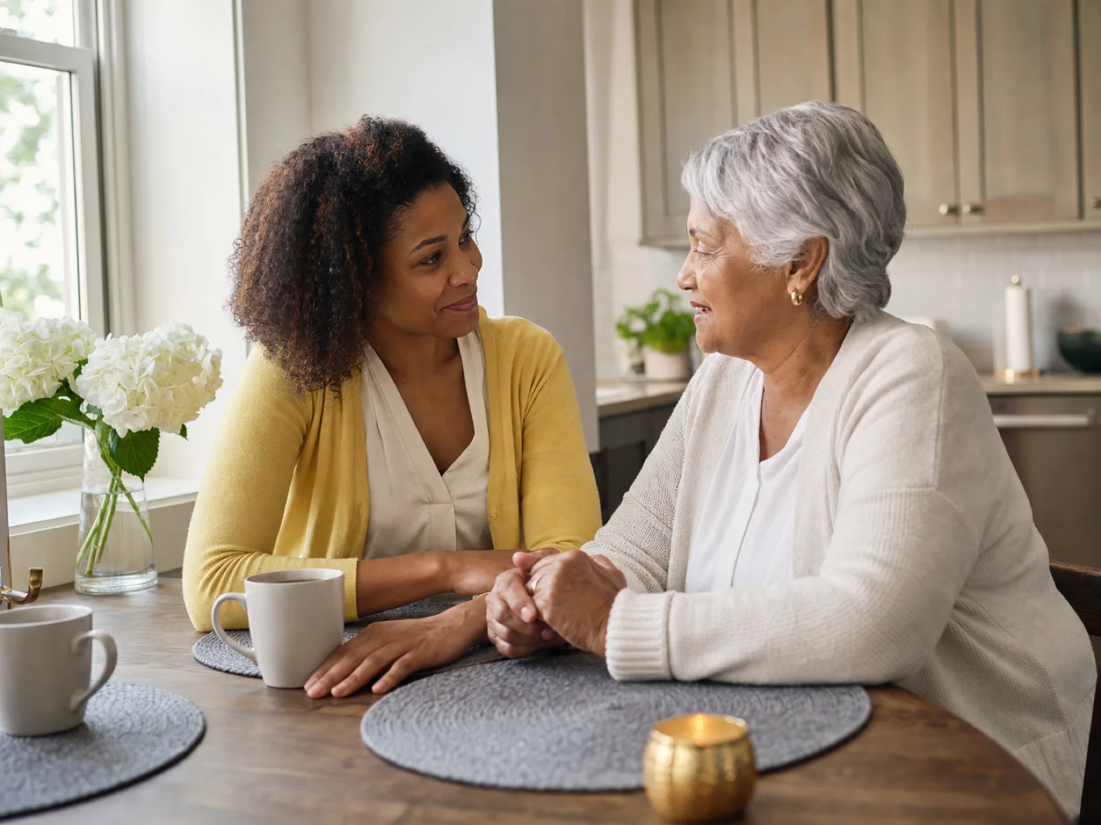 A caregiver and an older adult having a thoughtful conversation at home